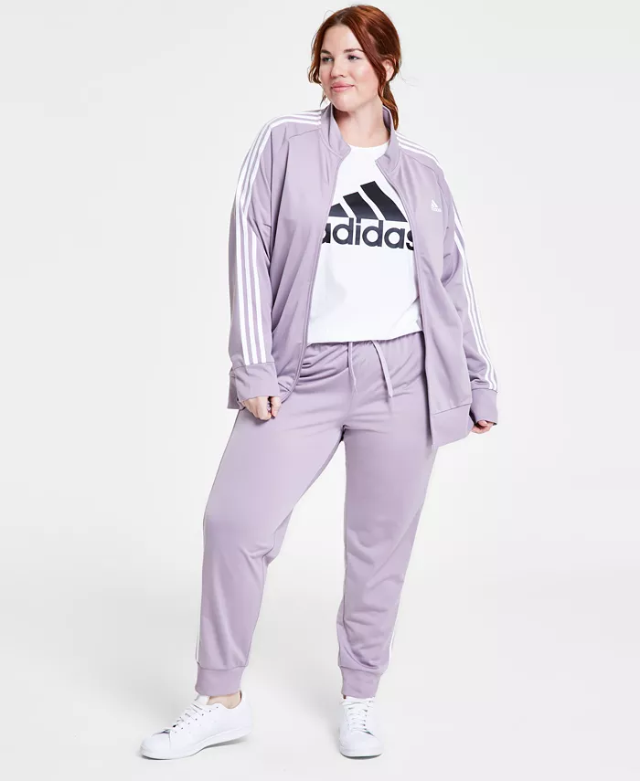 

Футболка большого размера из хлопка с логотипом, трикотажная спортивная куртка и разогревающие спортивные штаны с тремя полосками adidas, синий