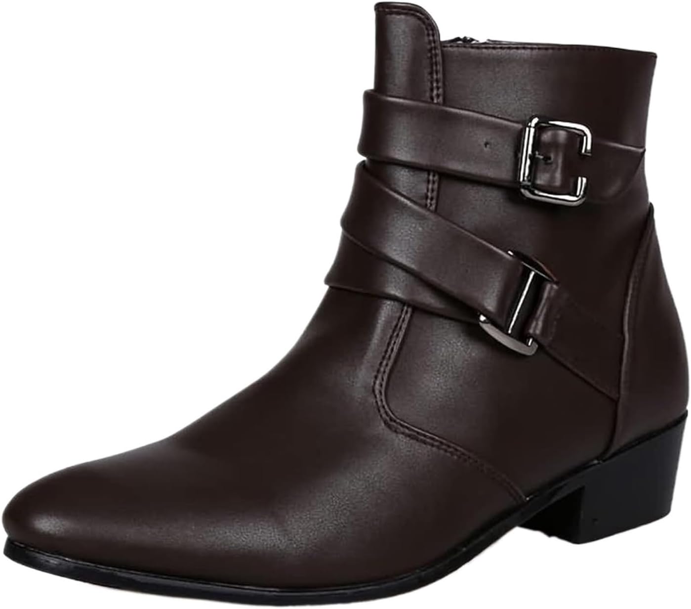 

Мужские кожаные челси с заостренным носком, застежкой-пряжкой, боковой молнией, массивным низким каблуком, вестерн-стиль, формальные ботинки, ботинки до щиколотки Generic, коричневый