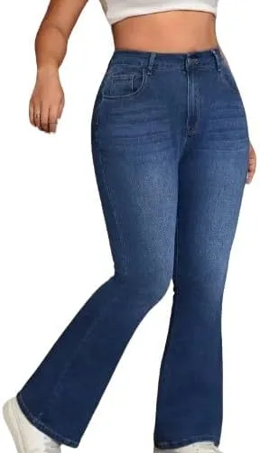 

Джинсы Plus Size с высокой талией и расклешенными штанинами для повседневной носки - Dark Wash