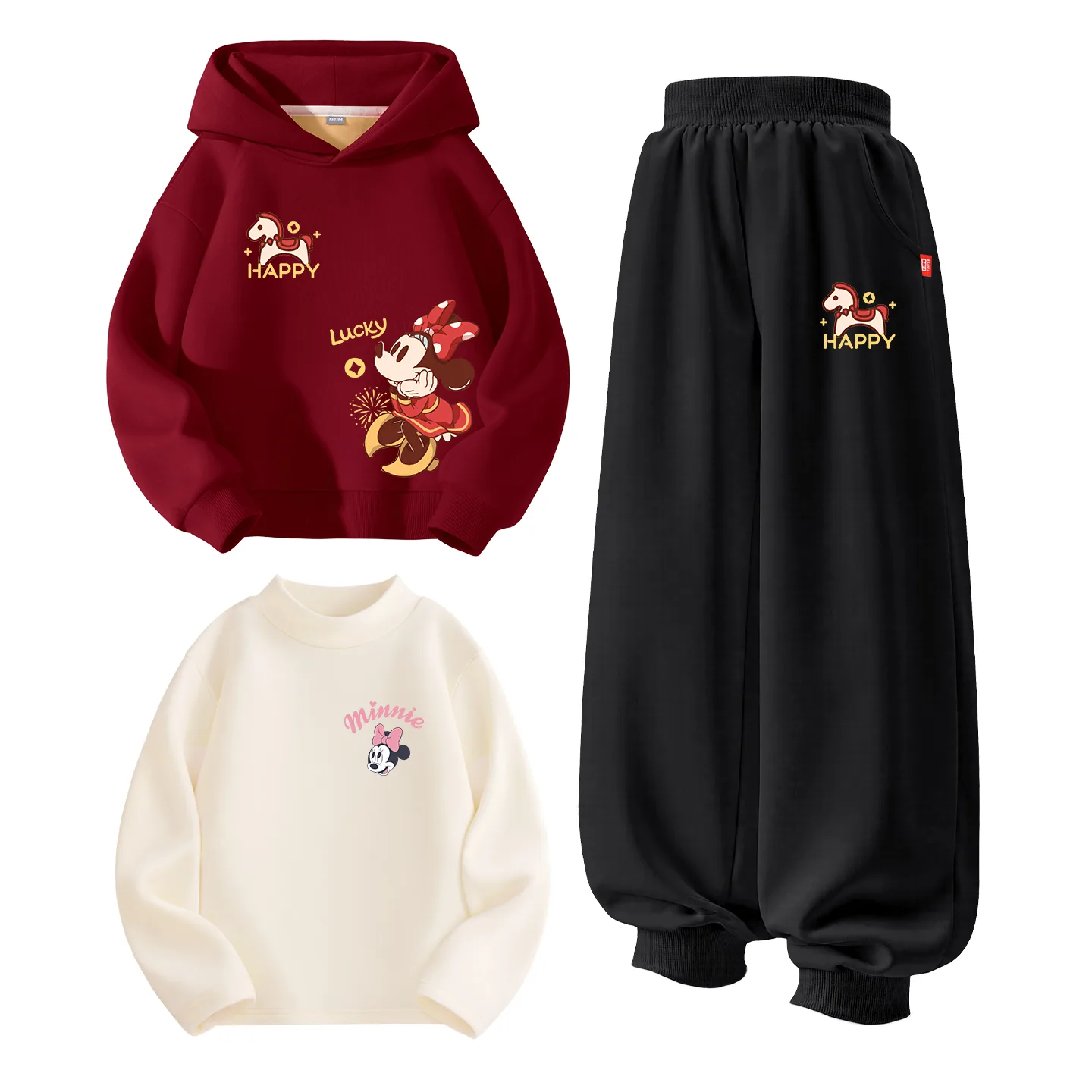 Детская повседневная худи с капюшоном Disney, [Thickened and Fleece-Lined Three-Piece Set]Di Firework Colt K Burgundy+Di Colt K Black+Di Lift Eye K Milk White