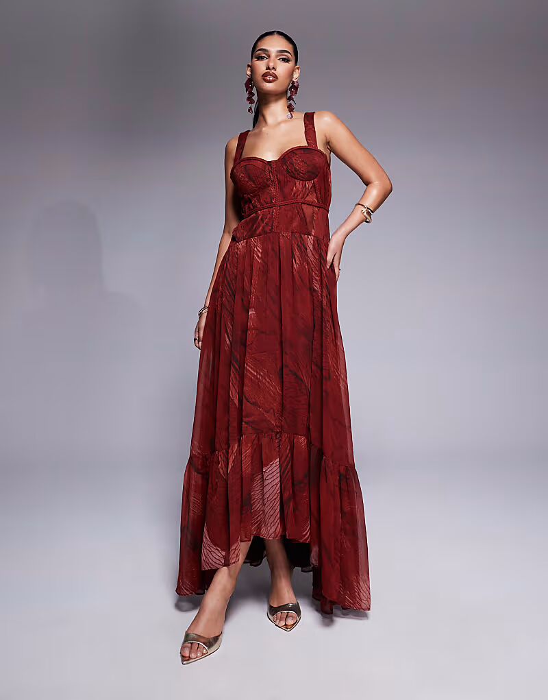 

Платье макси ASOS DESIGN с косичками и чашками на бюсте с красным абстрактным принтом