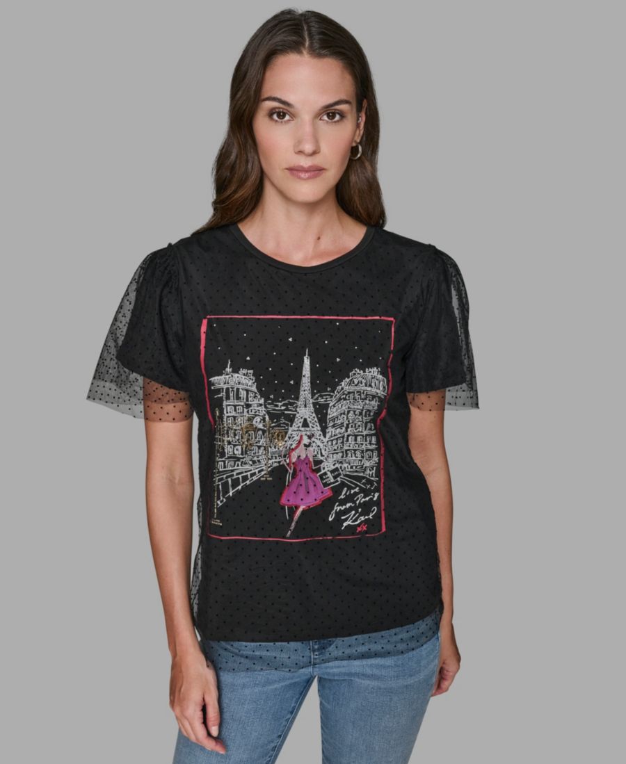 

Женская футболка с круглым вырезом и кружевной отделкой KARL LAGERFELD PARIS, Black