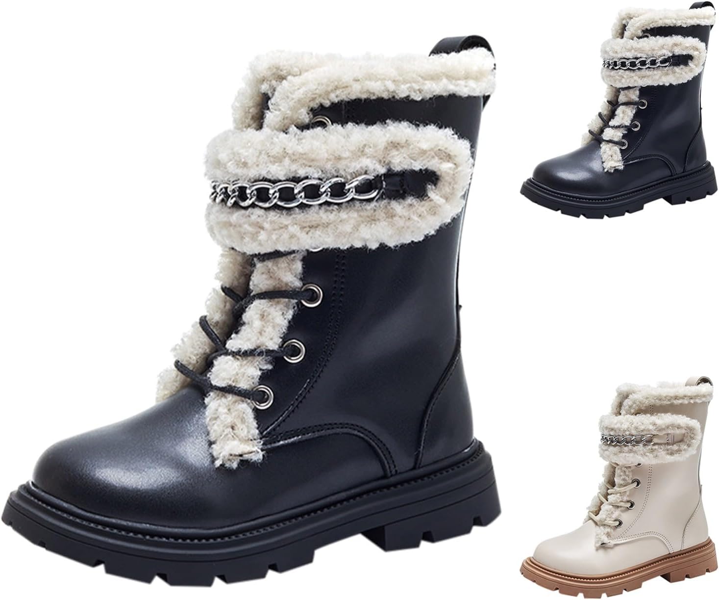 

Детские ботинки на шнуровке с искусственным мехом, девочкам, боковая молния, утепленные флисом, ботиночки для верховой езды, водонепроницаемые кожаные походные туфли Generic, Black