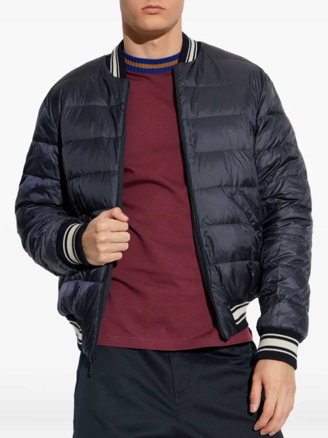 Полосатая куртка-бомбер из трикотажного полотна Moncler, синий — фото 3