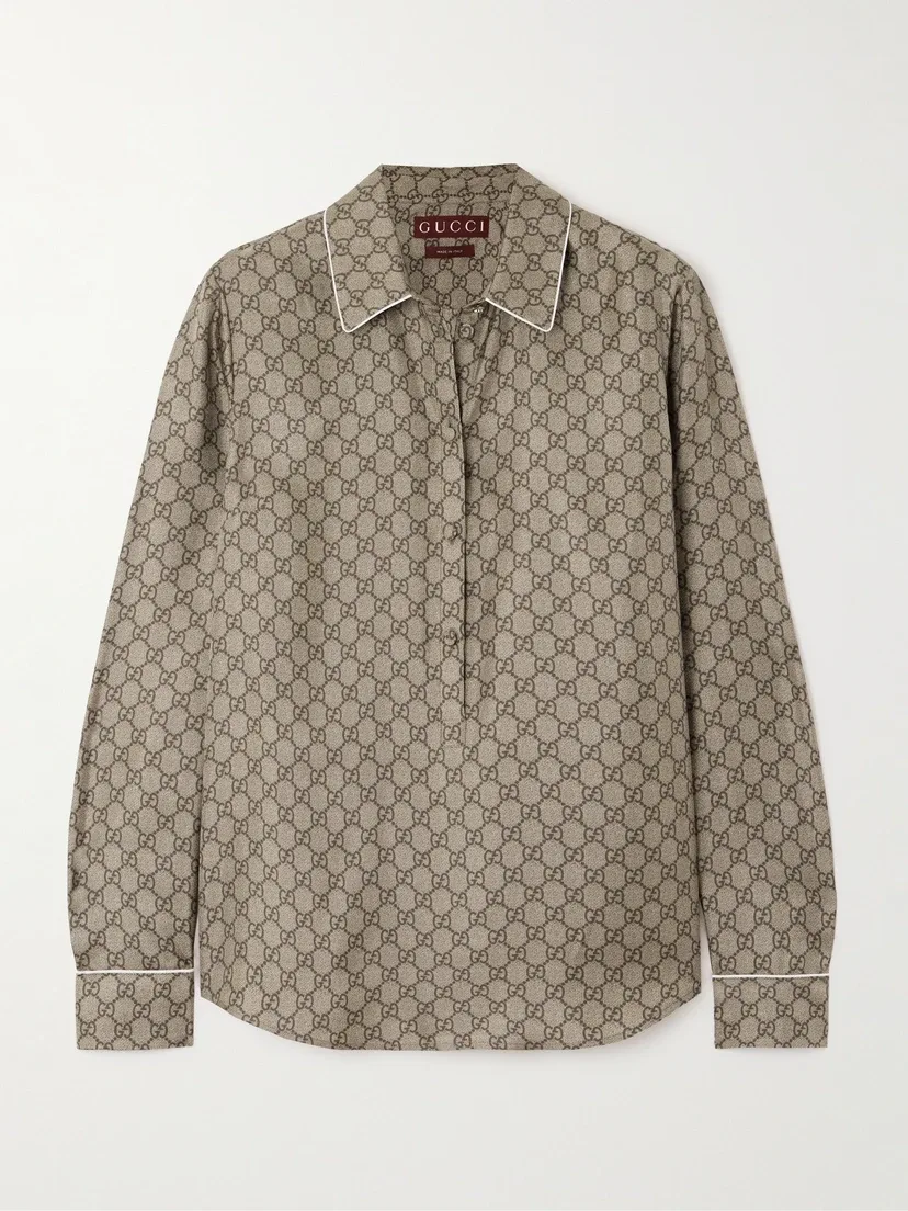 Рубашка GUCCI из шелкового сатина с монограммным принтом, приталенный крой, хаки