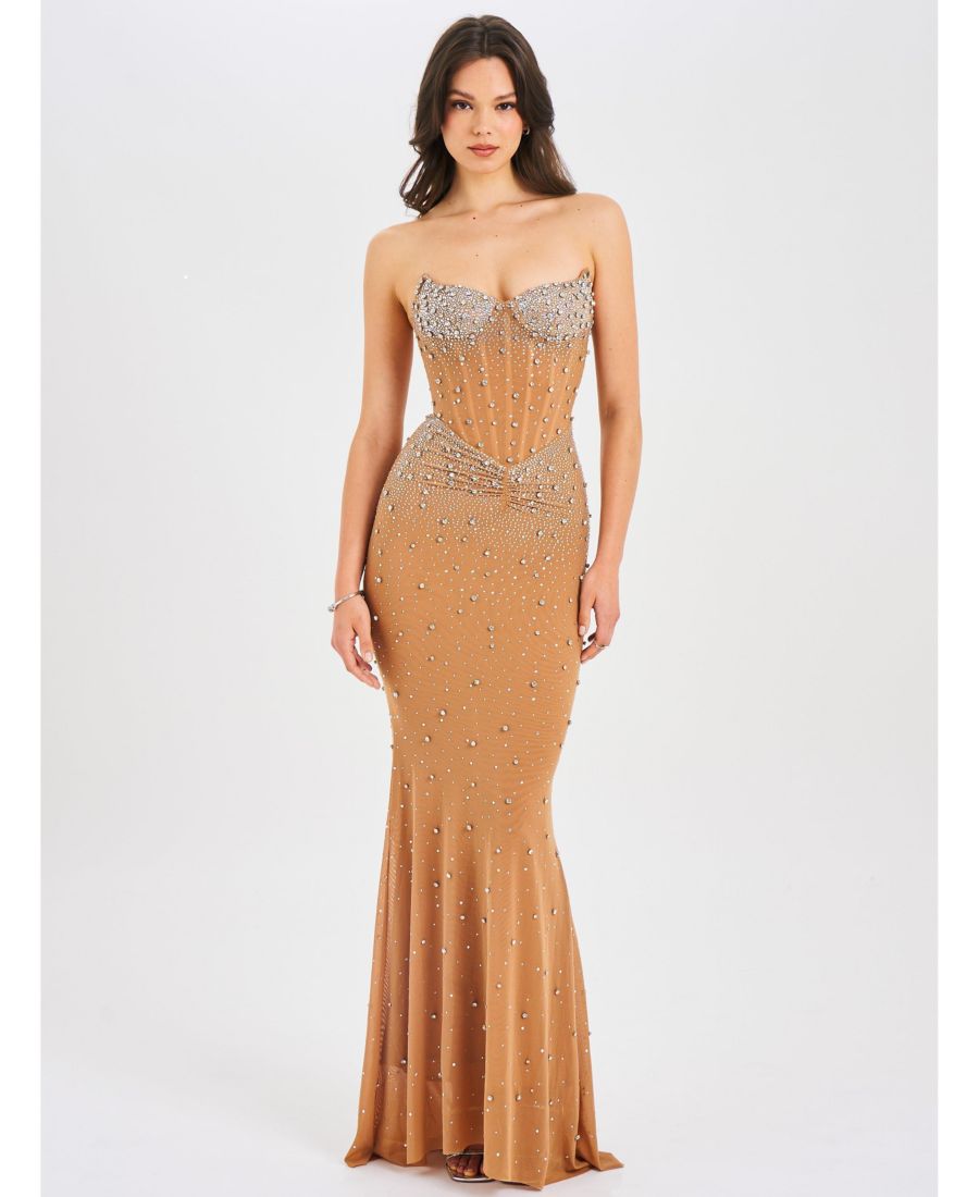 

Женское макси-платье Fatima Crystal без рукавов, с корсетом и силуэтом русалка Miss Circle, Natural