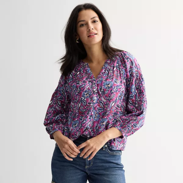 

Женский топ-хенли с присборенными рукавами и четвертью Sonoma Goods For Life, цвет pink blue floral