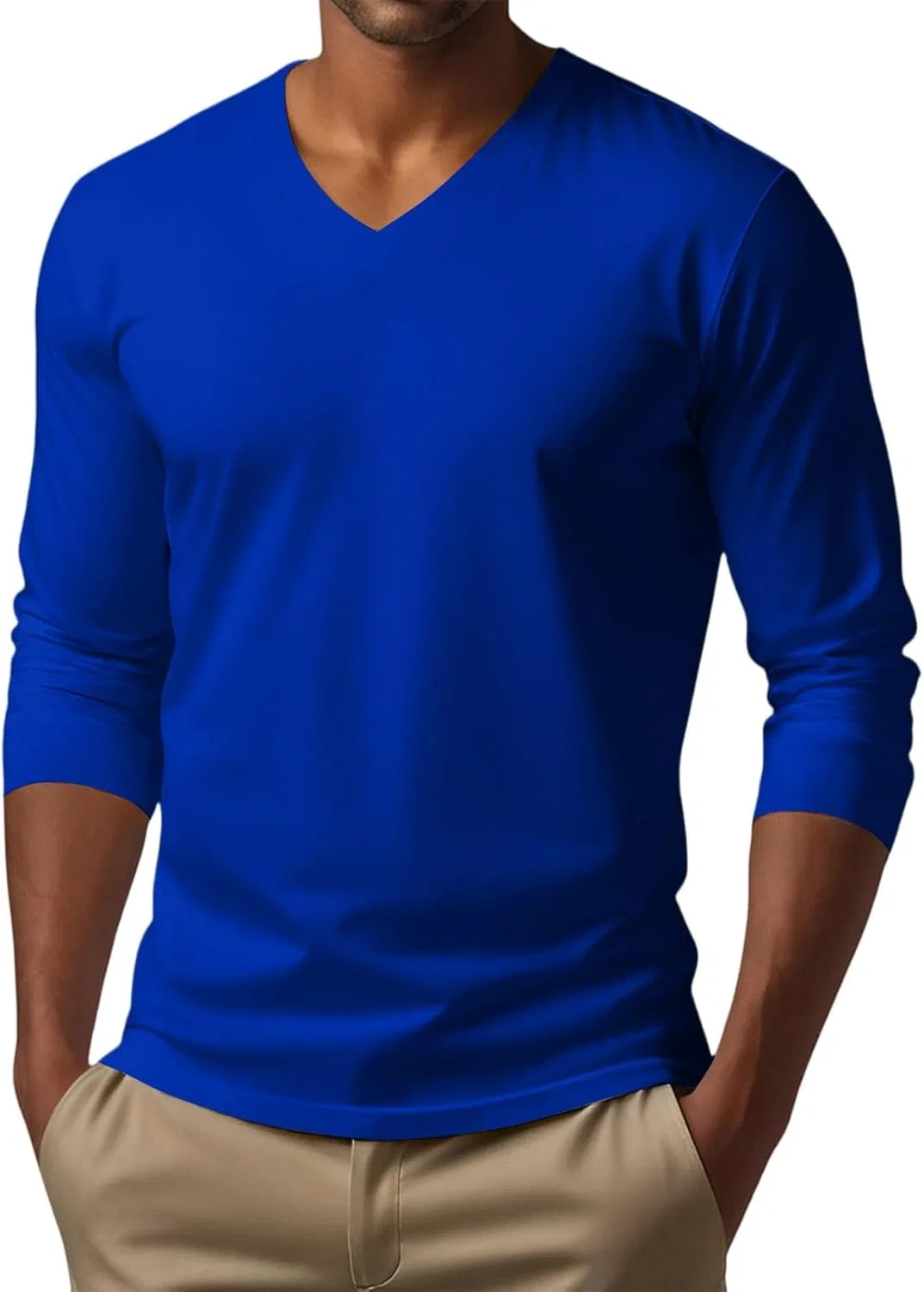Мужская футболка с длинным рукавом, V-образным вырезом, royal blue — фото 2