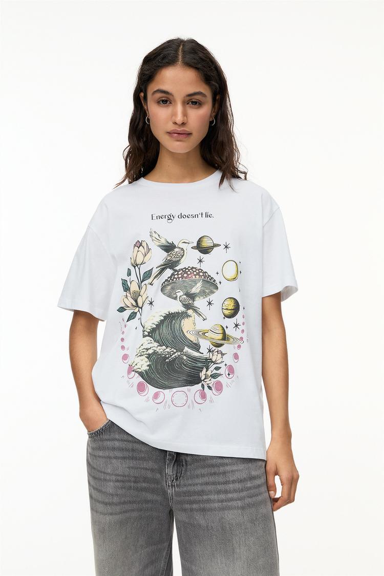 

Белая футболка с эзотерической графикой Pull And Bear, белый