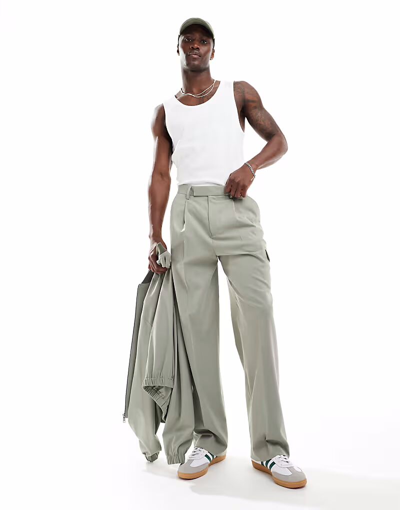 

Широкие элегантные брюки-карго ASOS DESIGN зеленого цвета, комплект