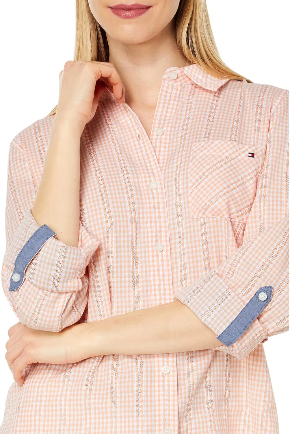 Блуза, рубашка Roll Tab Gingham, Tommy Hilfiger, темно-синий, коралловый, белый — фото 3