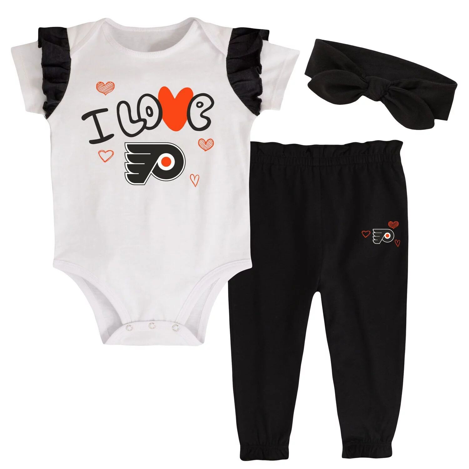 

Белое/черное хоккейное боди для девочек Philadelphia Flyers I Love, комплект со штанами и повязкой на голову Outerstuff