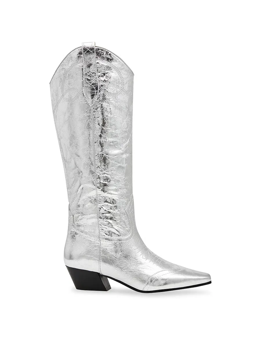 Сапоги женские Steve Madden кожаные на каблуке, серебряный