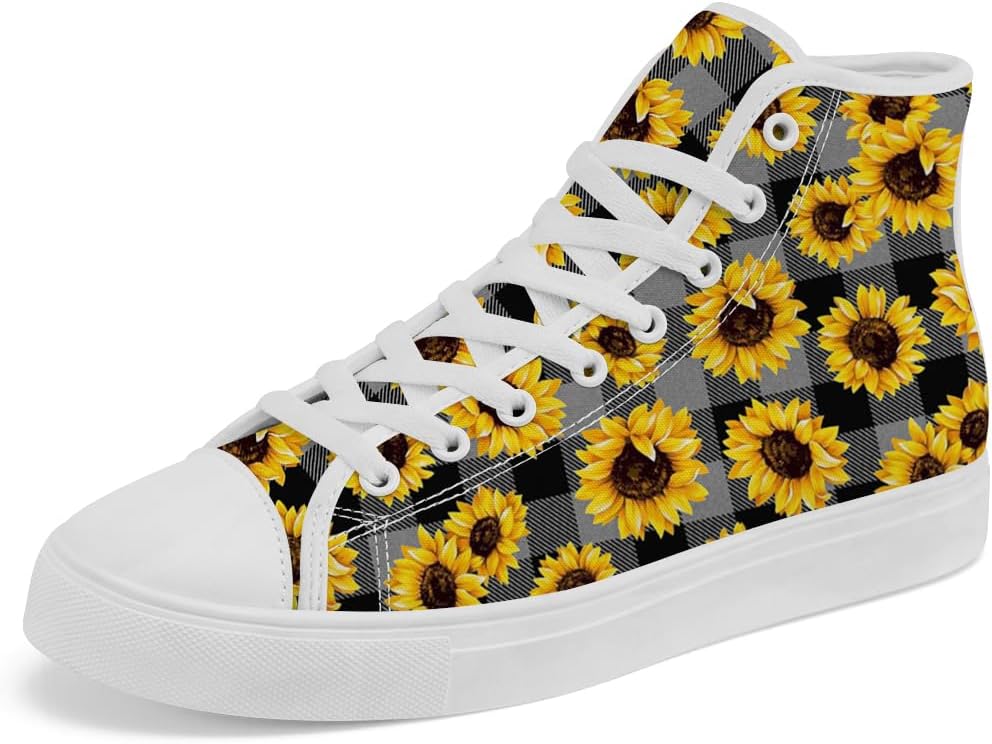 

Женские и мужские высокие кеды из холщовой ткани с рисунком подсолнухов, цветочной клеткой и тартаном, на шнуровке, повседневные обувь Chebing, 614 Gray