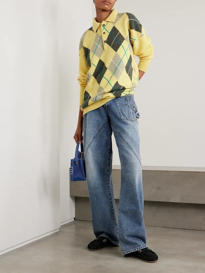 Шерстяной свитер-поло от JW ANDERSON + Pringle с ромбовидным узором, желтый — фото 2