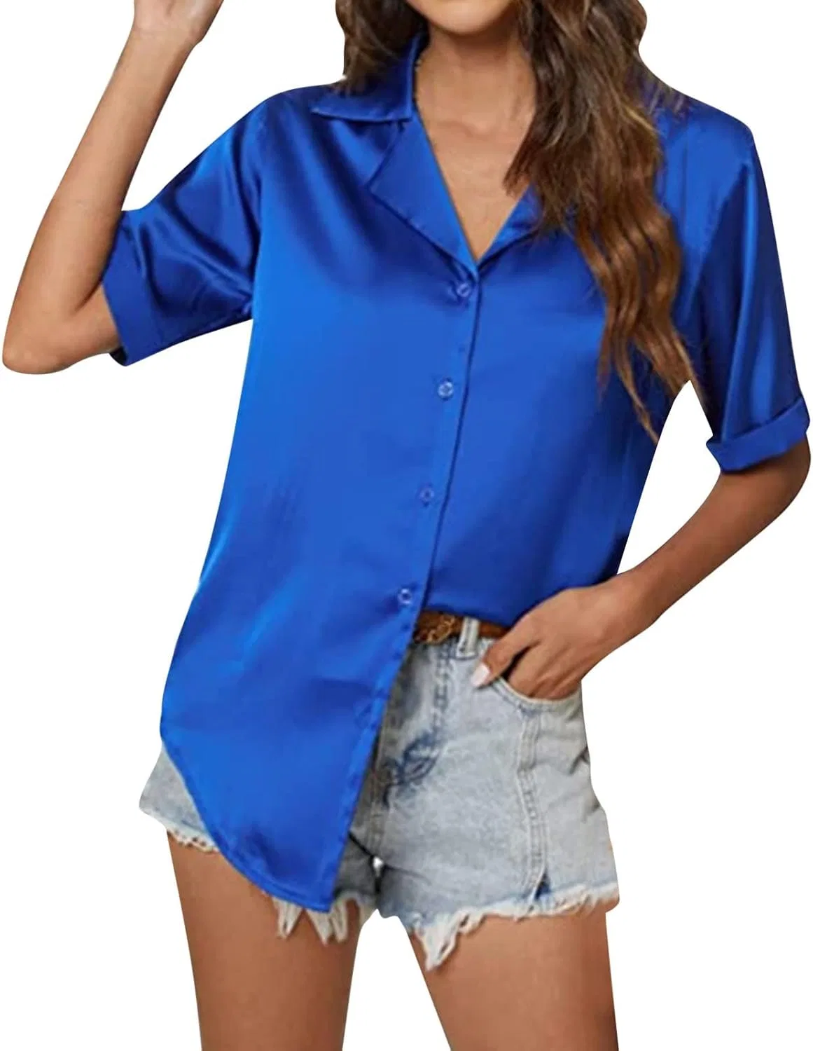 Блуза, однотонная, Button-Up Shirt, синий