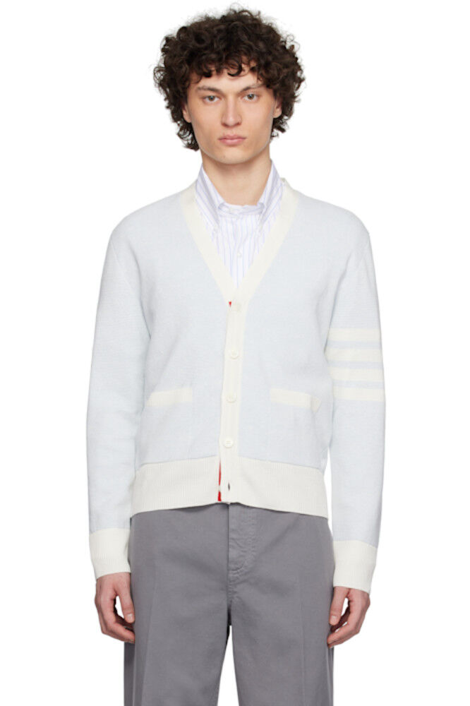 

Синий льняной хлопковый кардиган свободного кроя с 4 планками Thom Browne