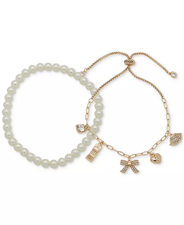 

Комплект из двух браслетов-слайдеров с подвесками из кристаллов и бусинами из искусственного жемчуга золотистого оттенка Clueless, silver