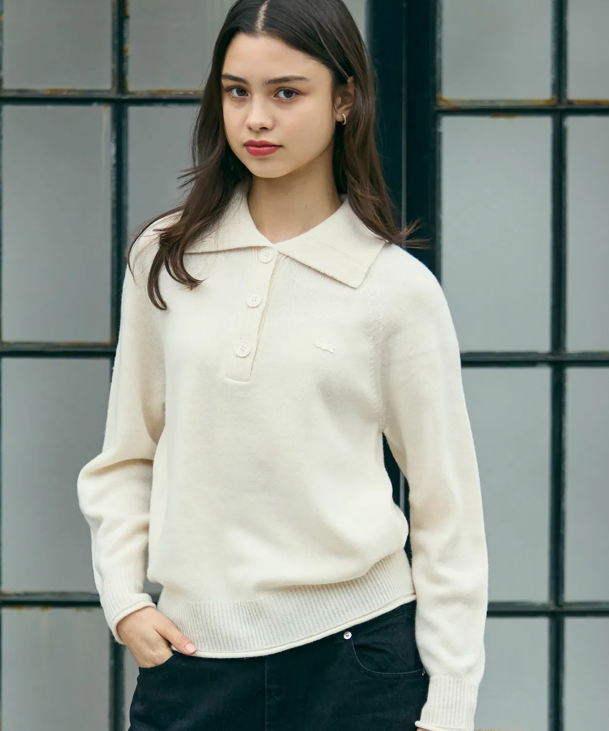 Водолазка 3D-вязаная поло Lacoste, с пуговицами, офф-вайт — фото 4