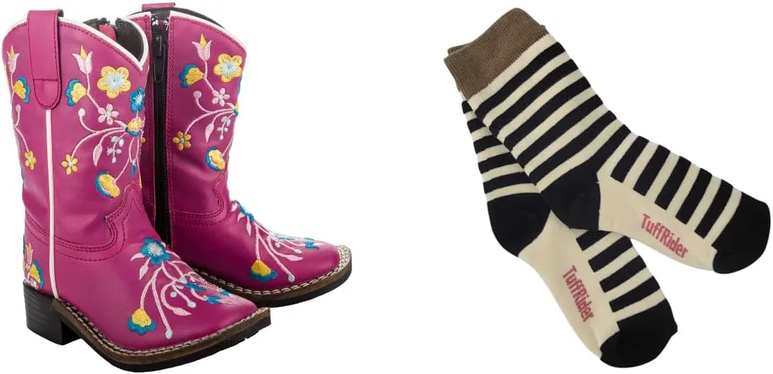 

Детские цветочные ковбойские сапоги TuffRider для девочек - ярко-розовые с бесплатными разноцветными полосатыми носками, розовый