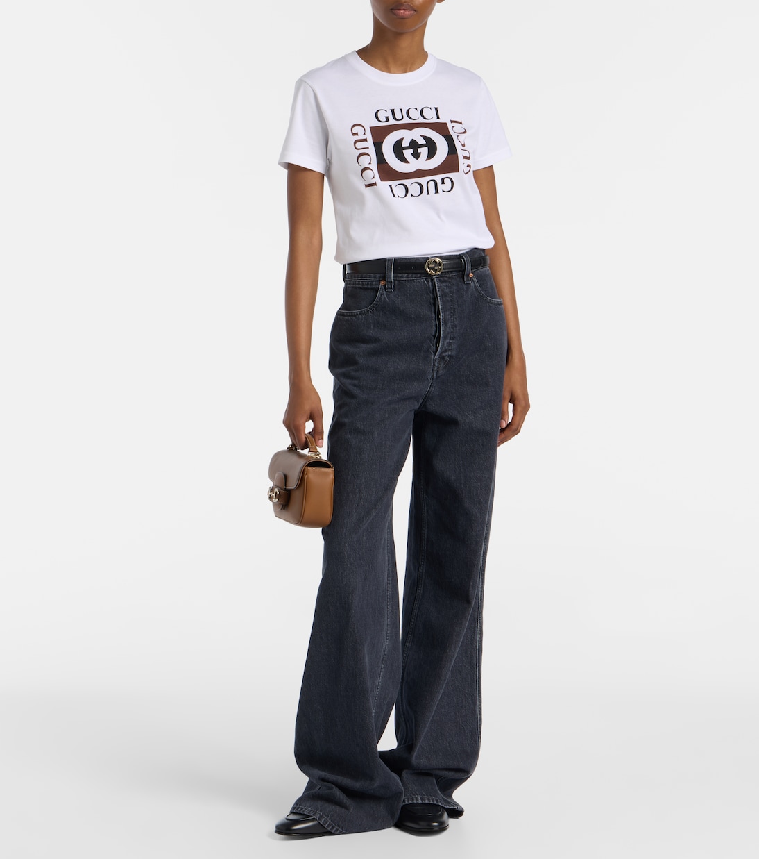 Футболка из хлопка с принтом Interlocking G Gucci, White/Brown/Mc — фото 2