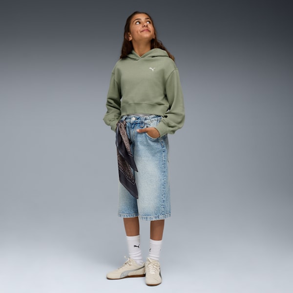 Короткая толстовка с капюшоном для больших детей Puma Wardrobe Essentials, зеленый — фото 3