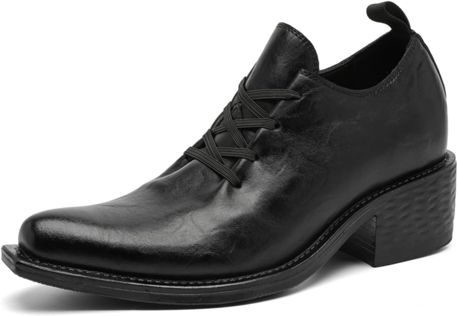 

Мужские черные кожаные туфли с шнуровкой, массивным текстурированным каблуком и петлей сзади, Стиль оксфорды для официальной и повседневной носки, с комфортной стелькой и гладкой отделкой носка Kelibasi