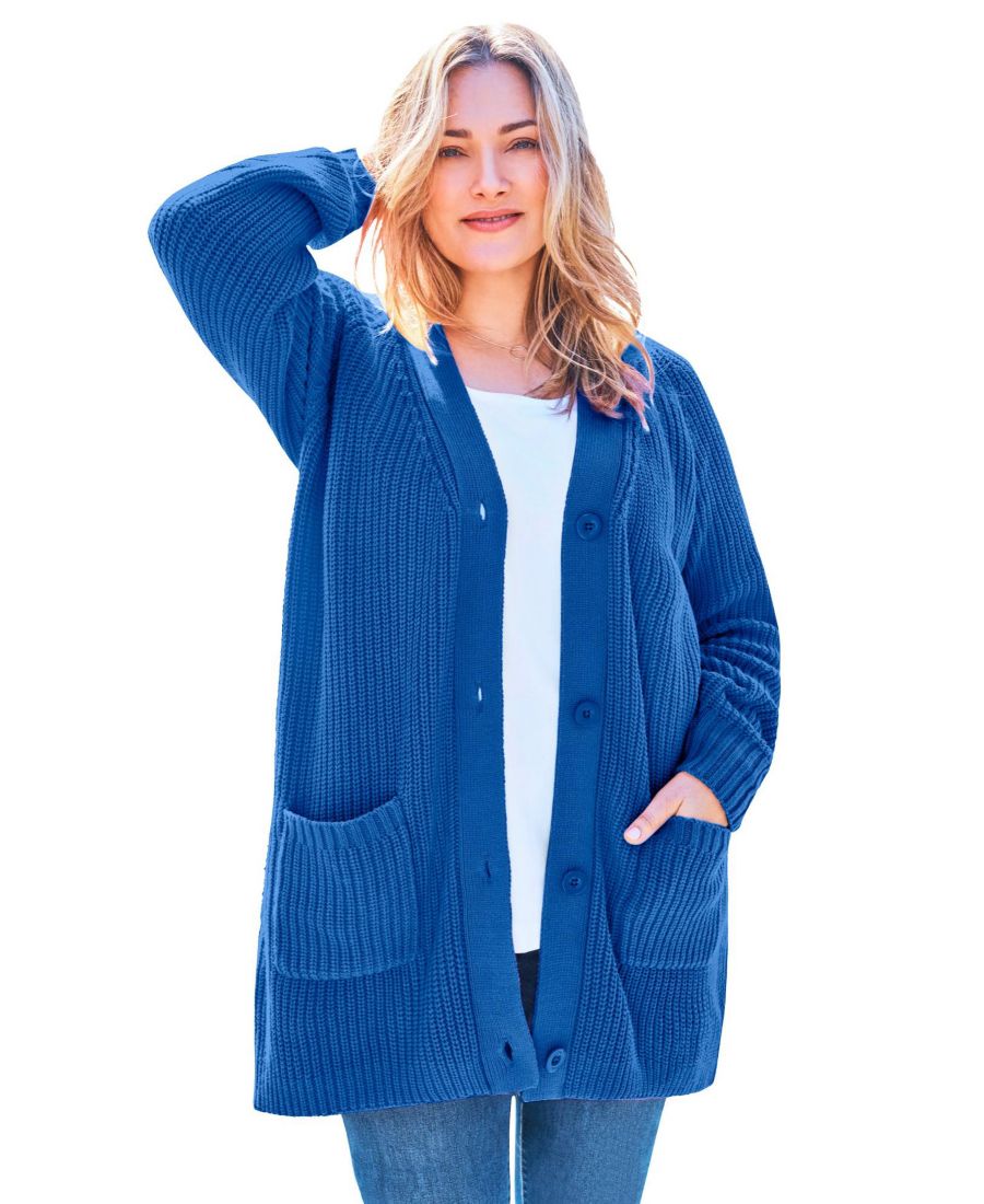 

Кардиган-шейкер на пуговицах большого размера Woman Within, Bright cobalt