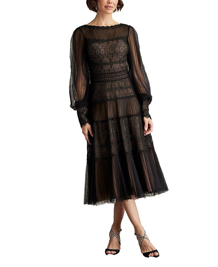 

Плиссированное платье миди из тюля с вышивкой Tadashi Shoji Anaka, коричневый/бежевый