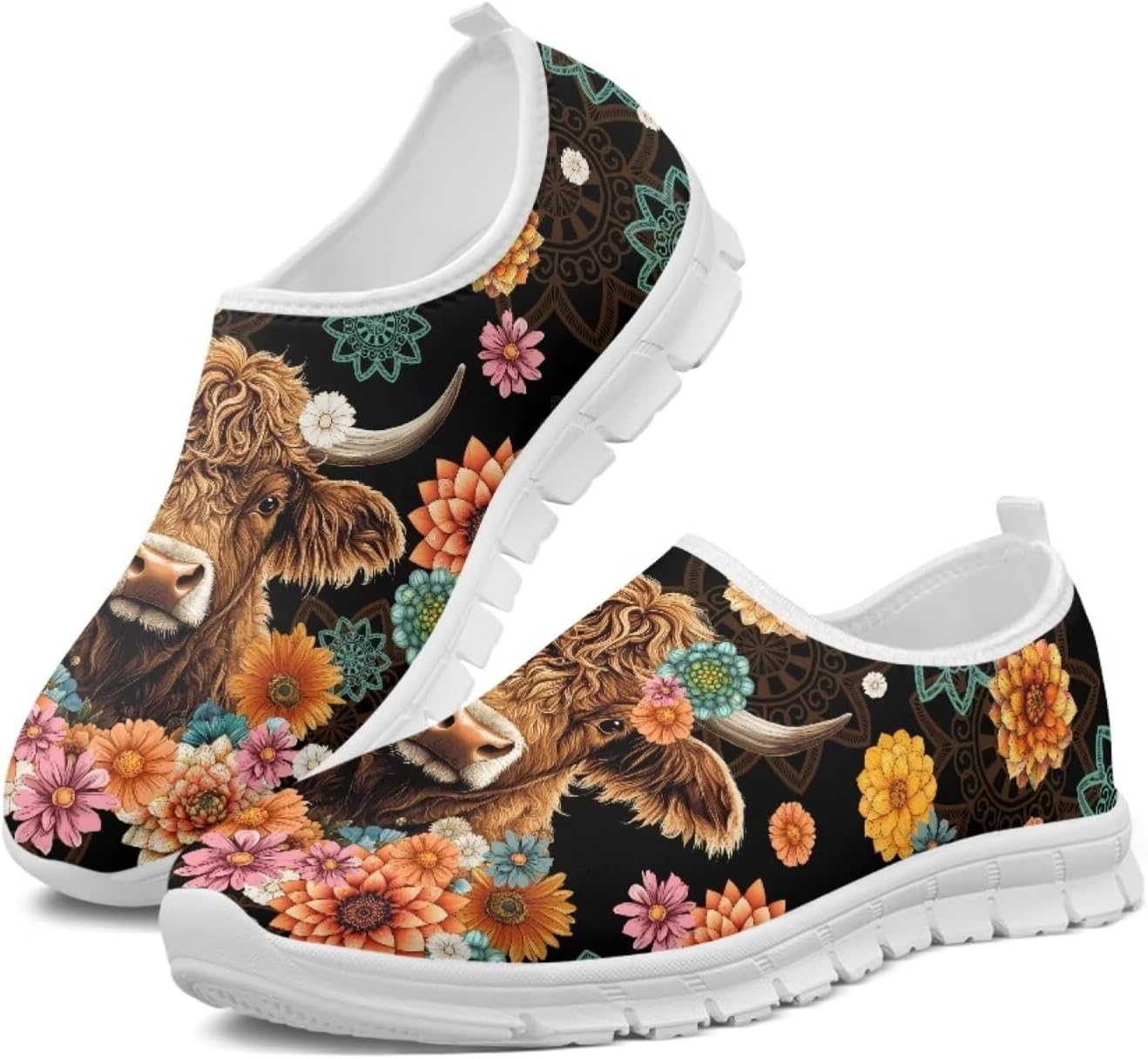 

Женские кроссовки Glomenade с принтом с животных и племенных мотивов, мужские дышащие кроссовки из сетки, носочные кроссовки, модные слипоны, противоскользящие теннисные кроссовки, Retro Mandala Highland Cow