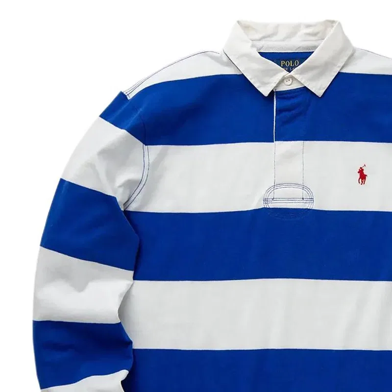 Поло с вышитым логотипом и полосками Ralph Lauren, синее — фото 4