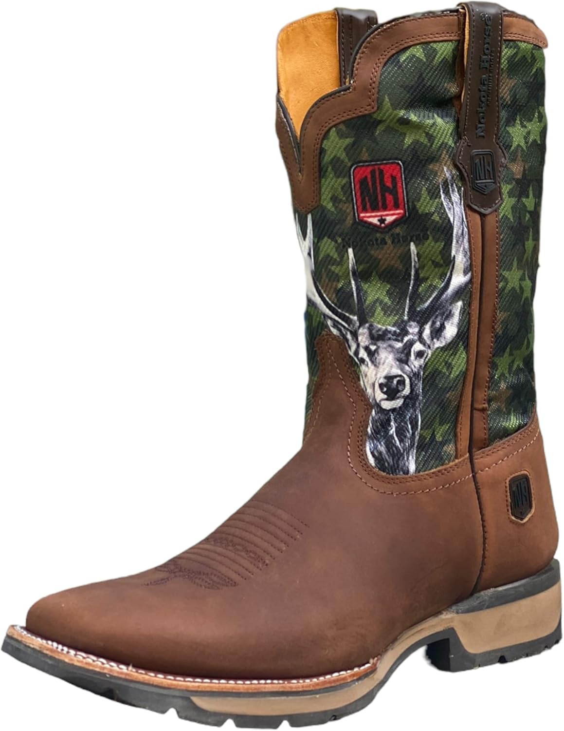 

Мужские премиальные сапоги KING USA TEXAS NK Hunter Shell Western из натуральной кожи с квадратным носком для охоты, родео, ранчо и работы ковбоя, Crazy H Miel/Printed Cvs Hunter