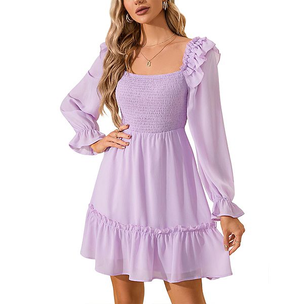 

Женское платье с квадратным вырезом, сборками и длинными рукавами-фонариками для гостей на свадьбе Elitespirit, Purple