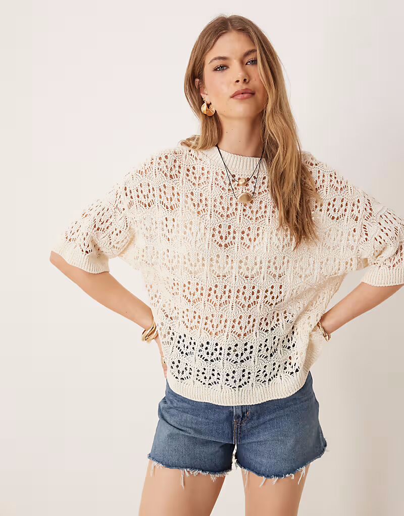 

Футболка свободного кроя с ажурным швом ASOS DESIGN цвета экрю
