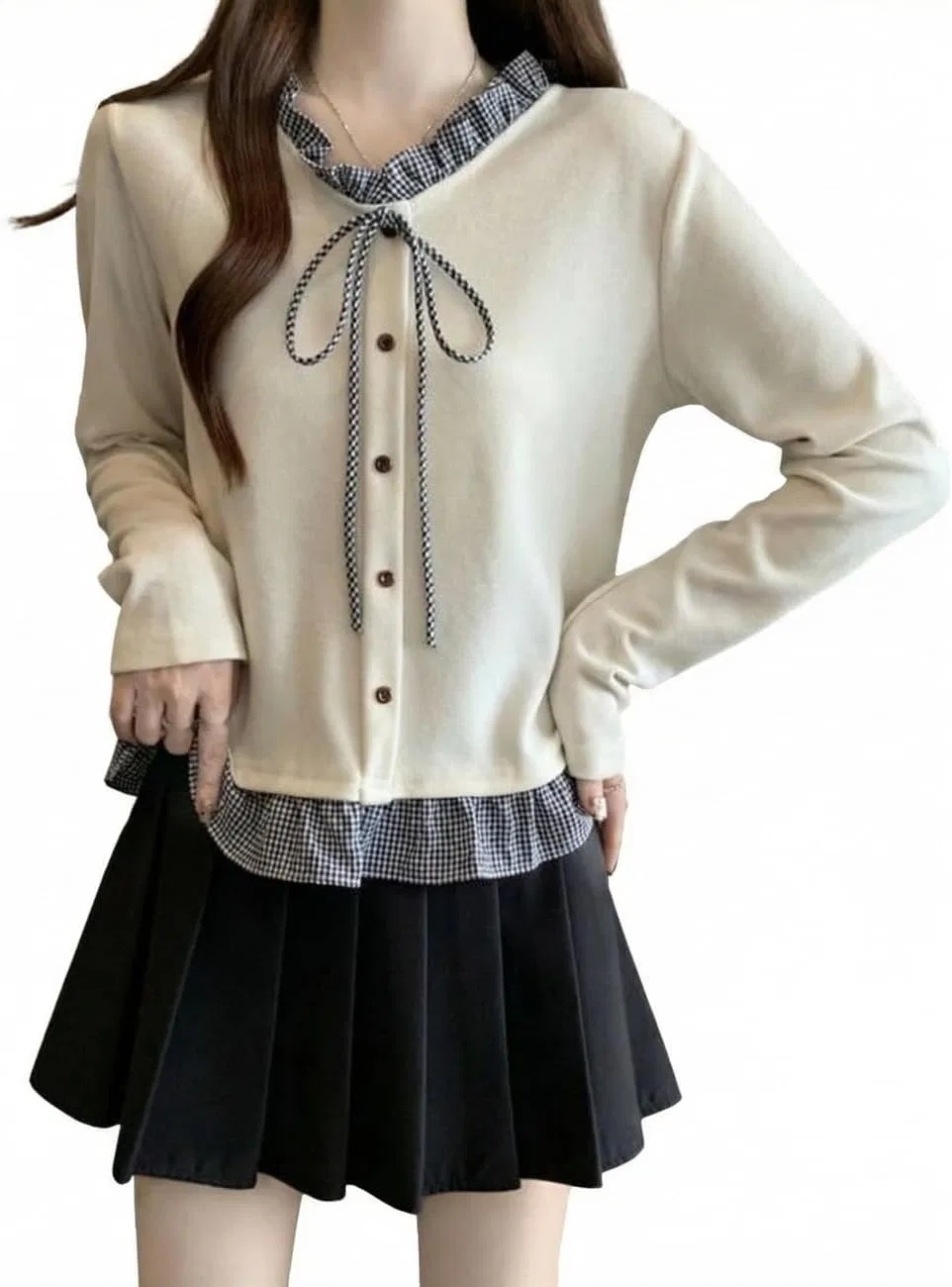 Блуза с имитацией многослойности, Gingham check, бежевый