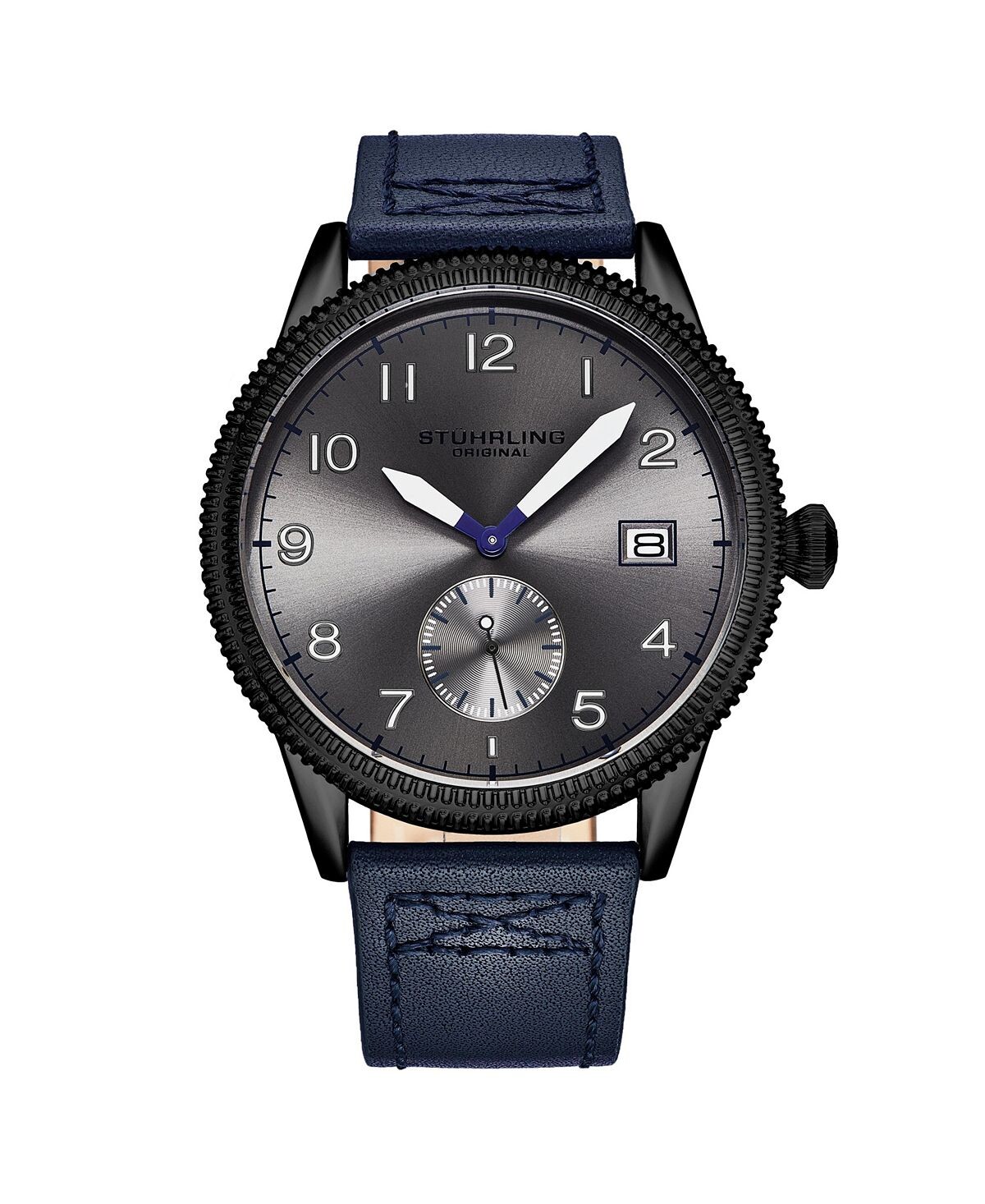 

Мужские часы Wingman Quartz Aviator, синяя кожа, серый циферблат, круглые часы 51 мм Stuhrling