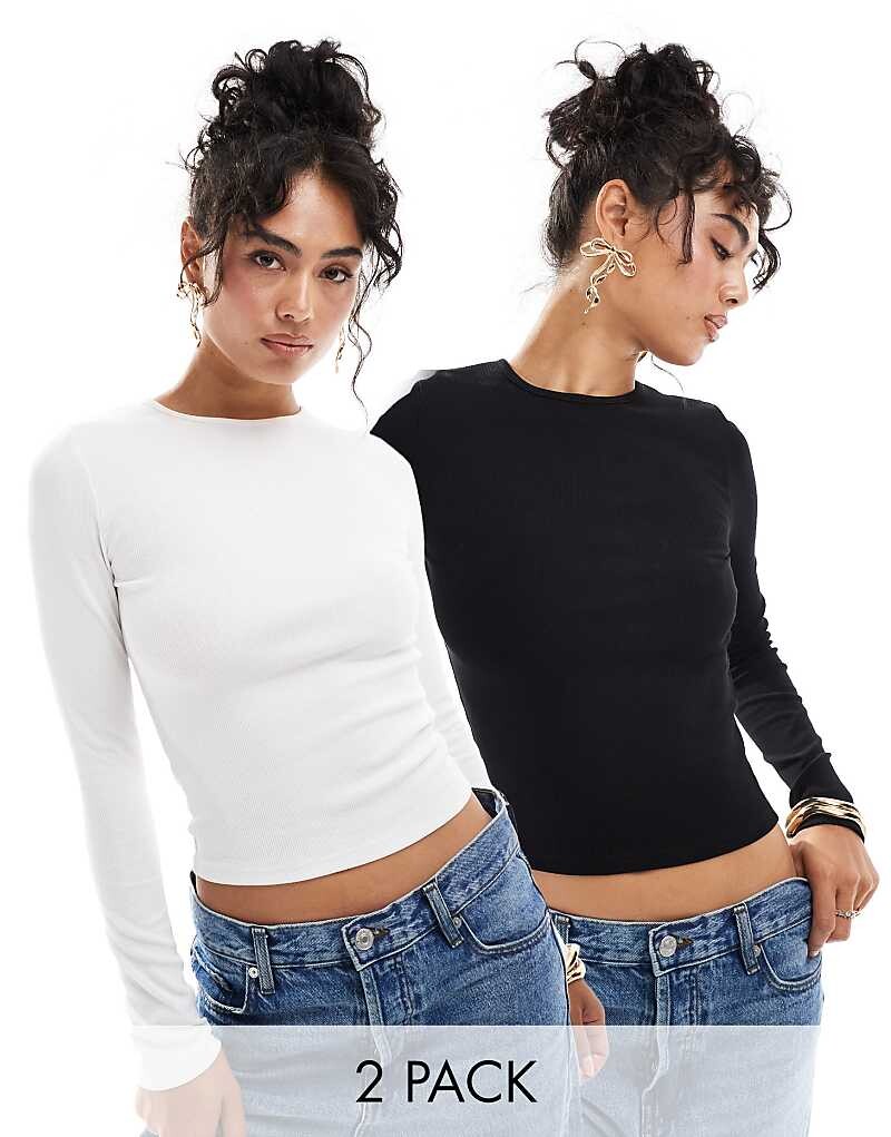 

Miss Selfridge – Набор из двух топов в рубчик с круглым вырезом и длинными рукавами белого и черного цвета