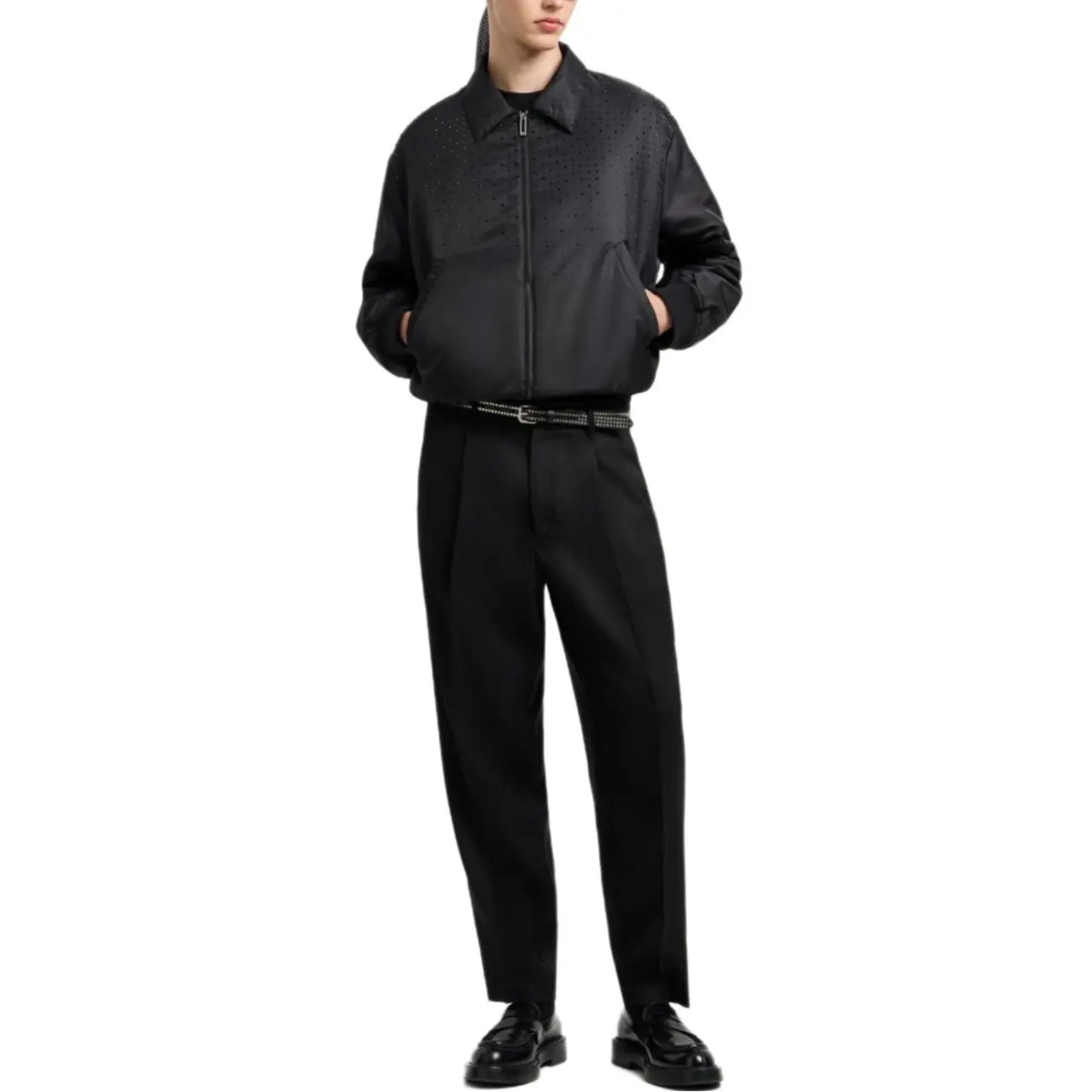 EMPORIO ARMANI Сатиновая бомбер куртка с камнями для клуба, Black — фото 3