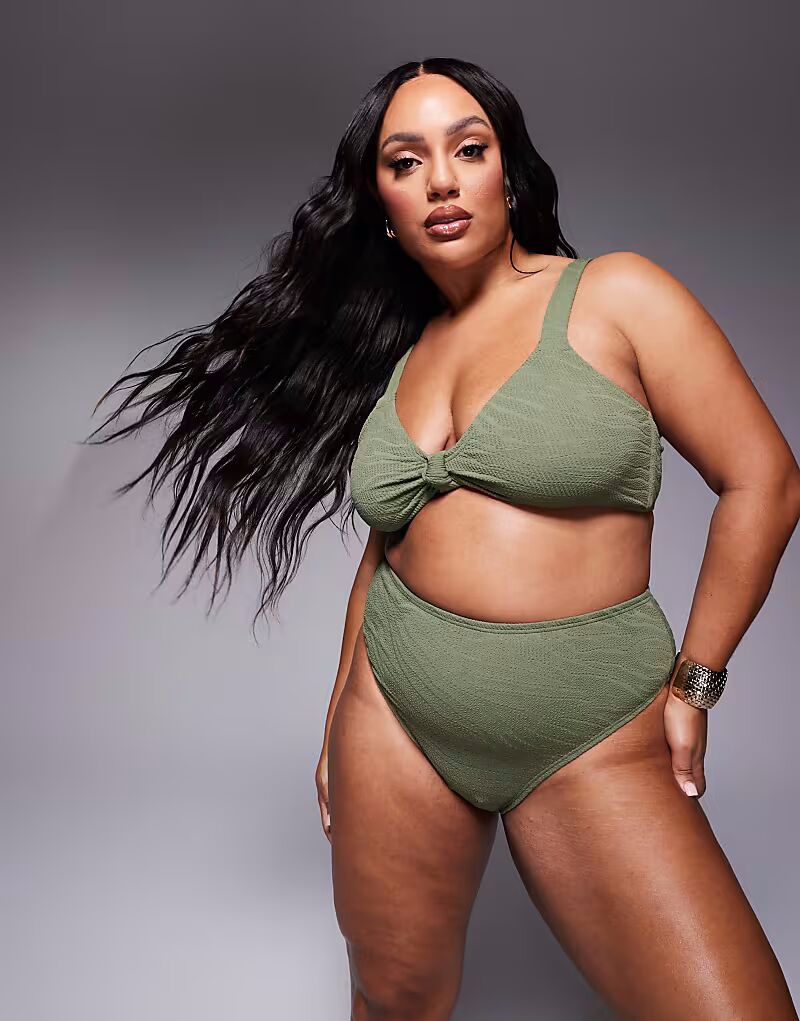 

Верх бикини Curve с узлом спереди и жатым узором «зебра» цвета хаки South Beach Curve