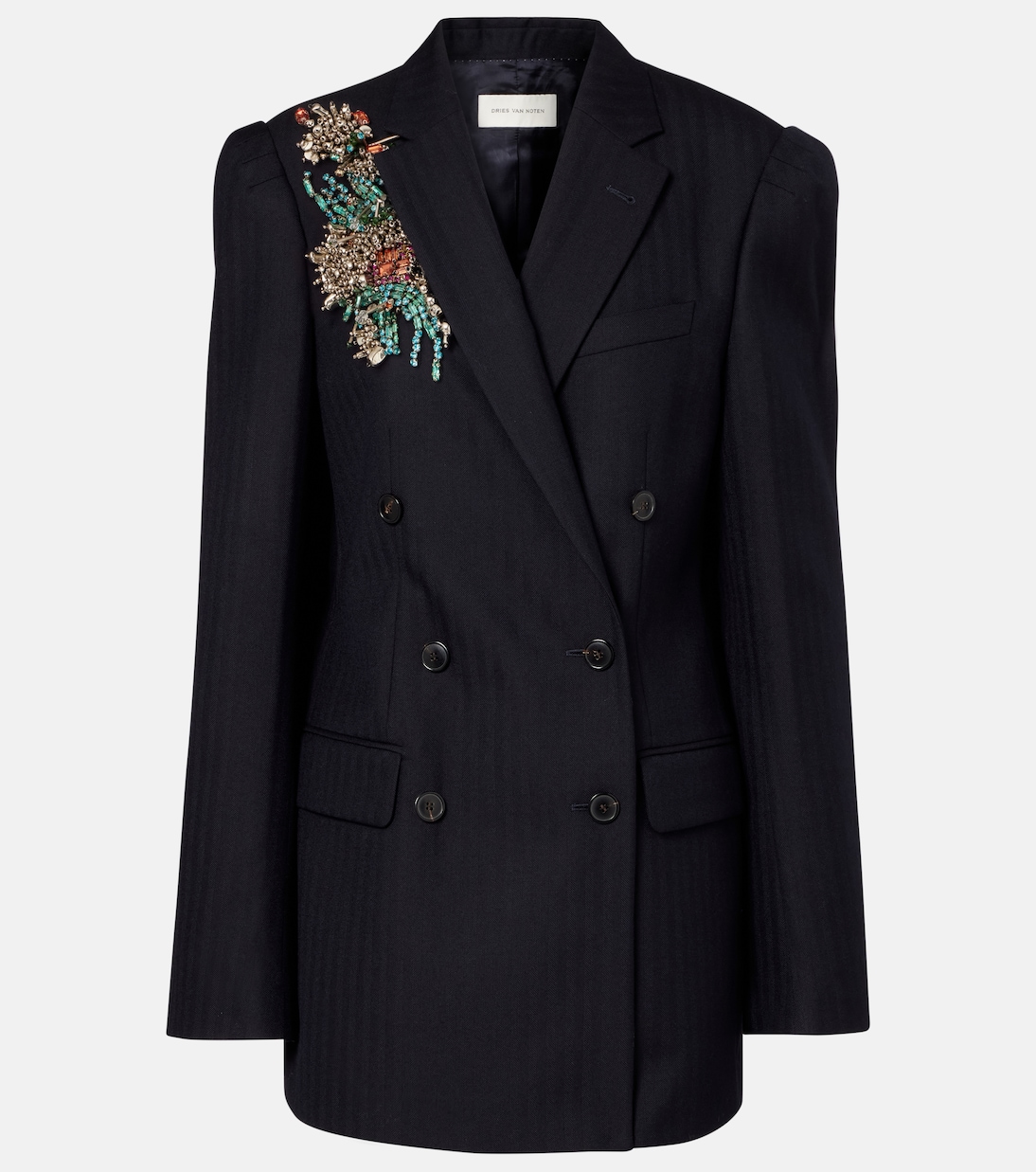 

Двубортный шерстяной блейзер с отделкой Dries Van Noten, темно-синий