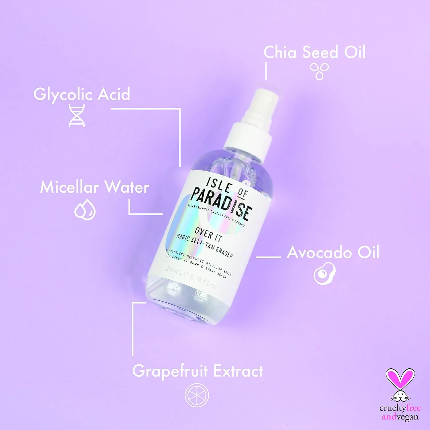 Isle of Paradise Over It Magic Self Tan Eraser - Отшелушивающая мицеллярная вода с гликолевой кислотой, веганский продукт, не тестируется на животных, 6,76 жидких унций 200 мл (1 шт.) — фото 4