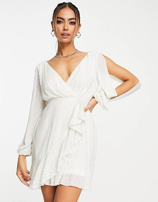 

Белое платье мини с запахом и пайетками Miss Selfridge Premium, Белый, Белое платье мини с запахом и пайетками Miss Selfridge Premium