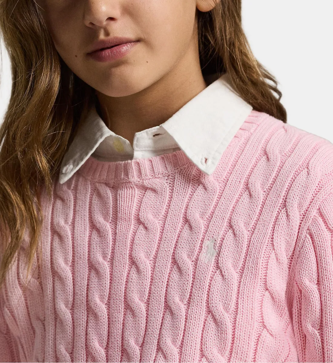 Приталенный пуловер с круглым вырезом из вязаной косички POLO RALPH LAUREN, розовый — фото 4