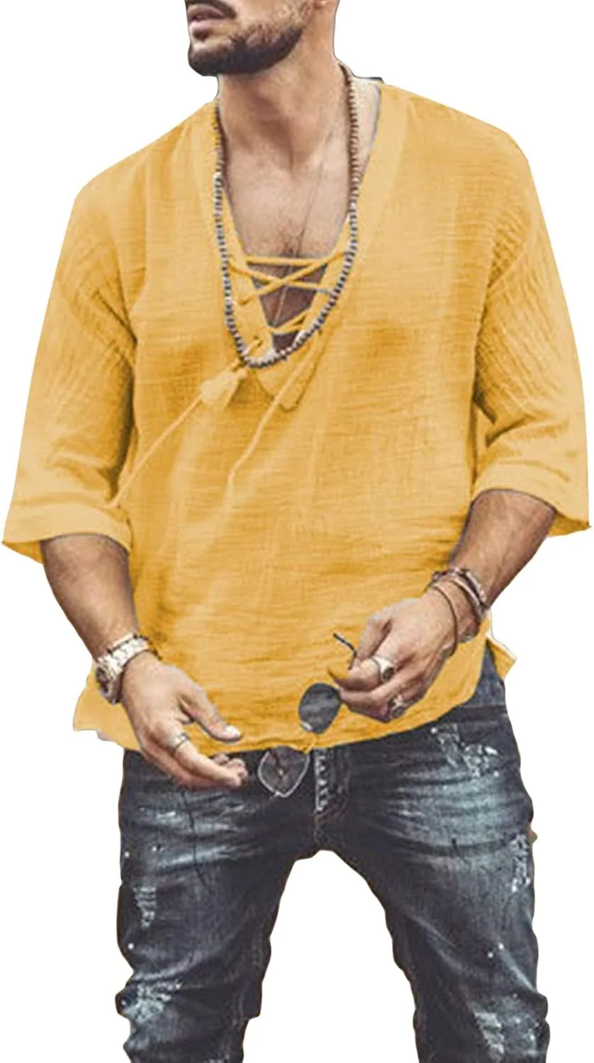 

Мужская летняя рубашка с завязками и V-образным вырезом JEsilunmaMY