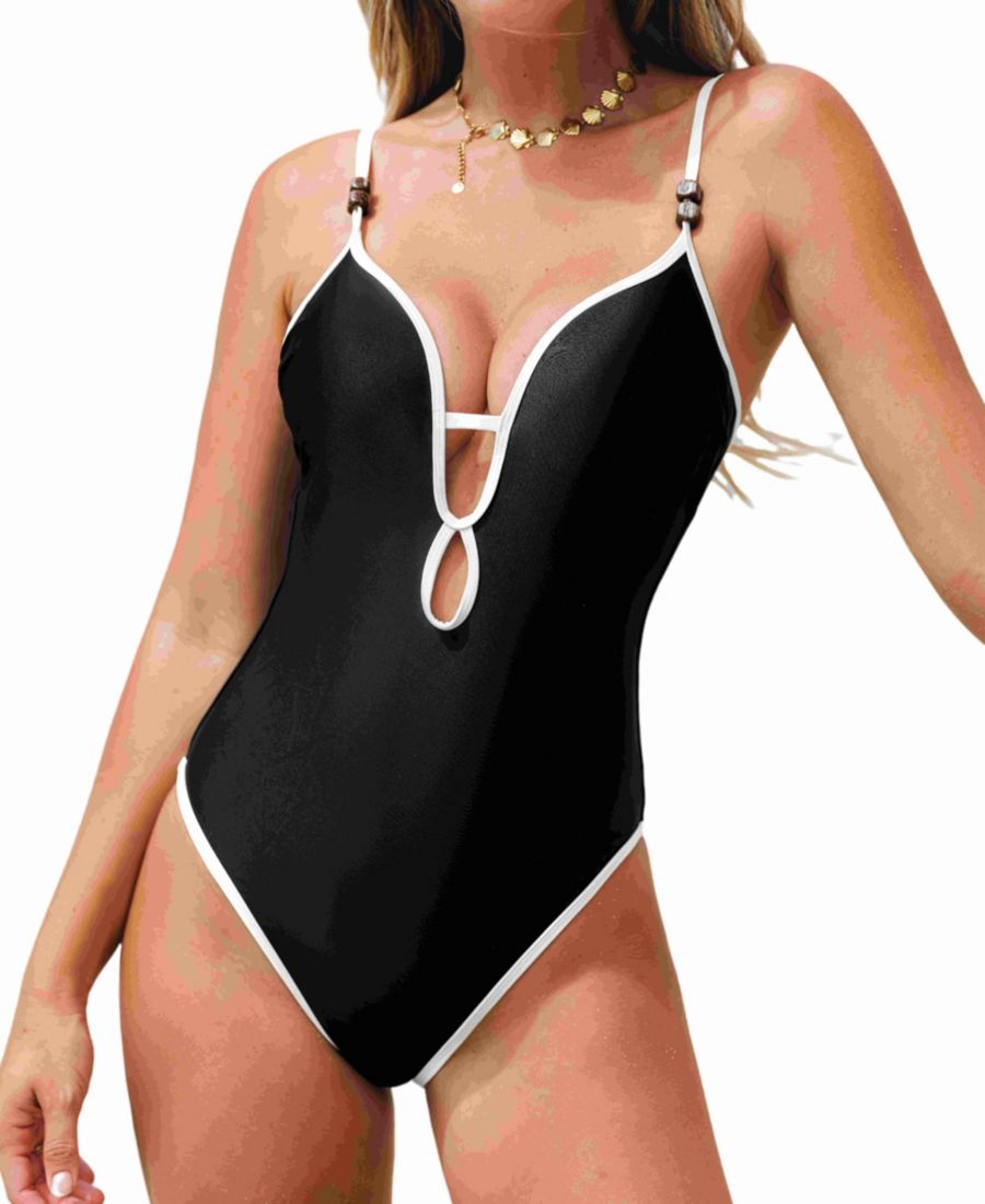 

Женский слитный купальник с глубоким V-образным вырезом и вырезом-капелькой Cupshe, Black