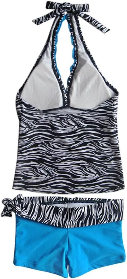 Комплект купальника Mufeng Little Big Girls Zebra Halter Deep V Tankini Set Two-Piece Swimsuits для девочек, девушек до 18 лет, с завязками на шее и глубоким V-образным вырезом, для серфинга, синий — фото 2