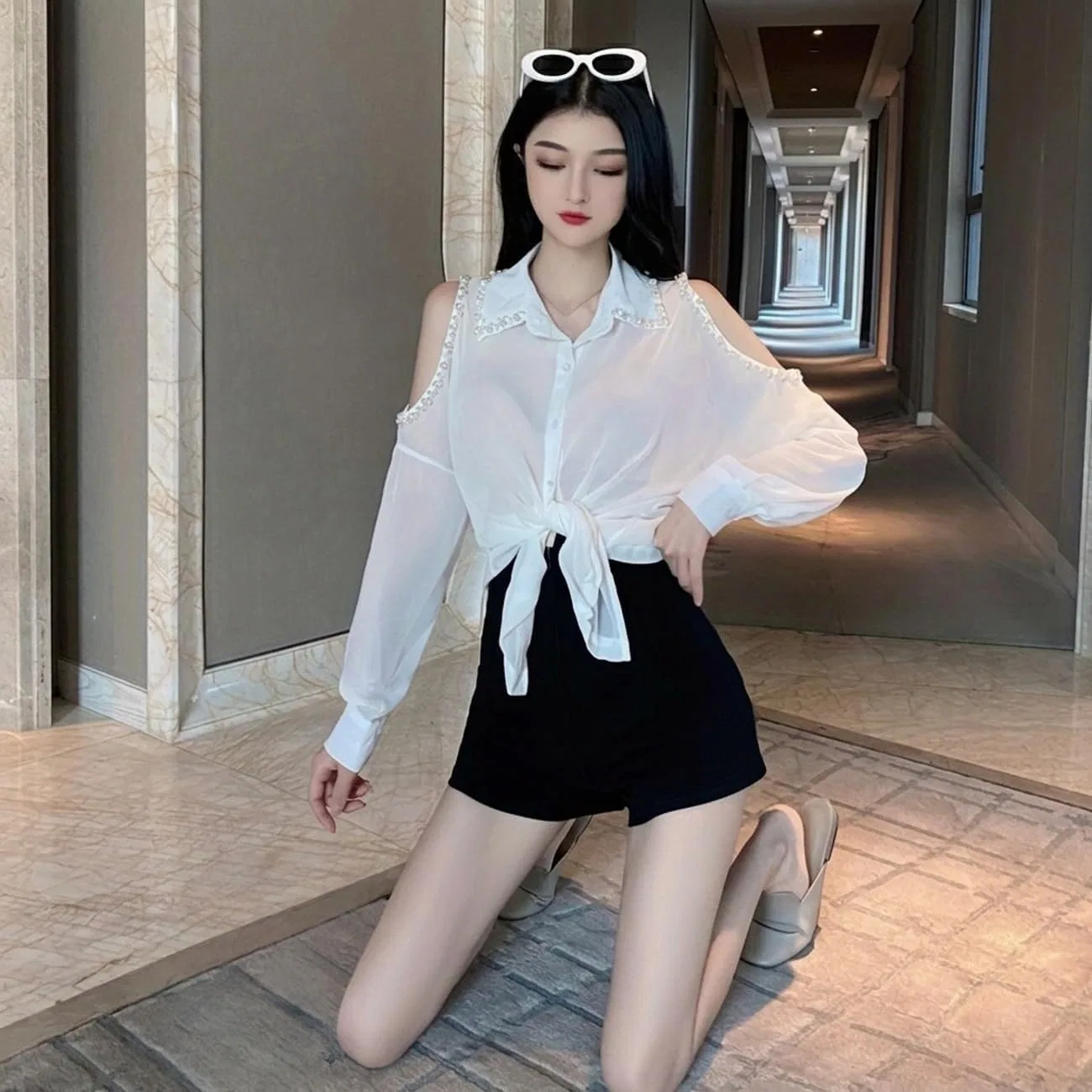 Блуза с жемчугом, женская, Casual, черный — фото 4