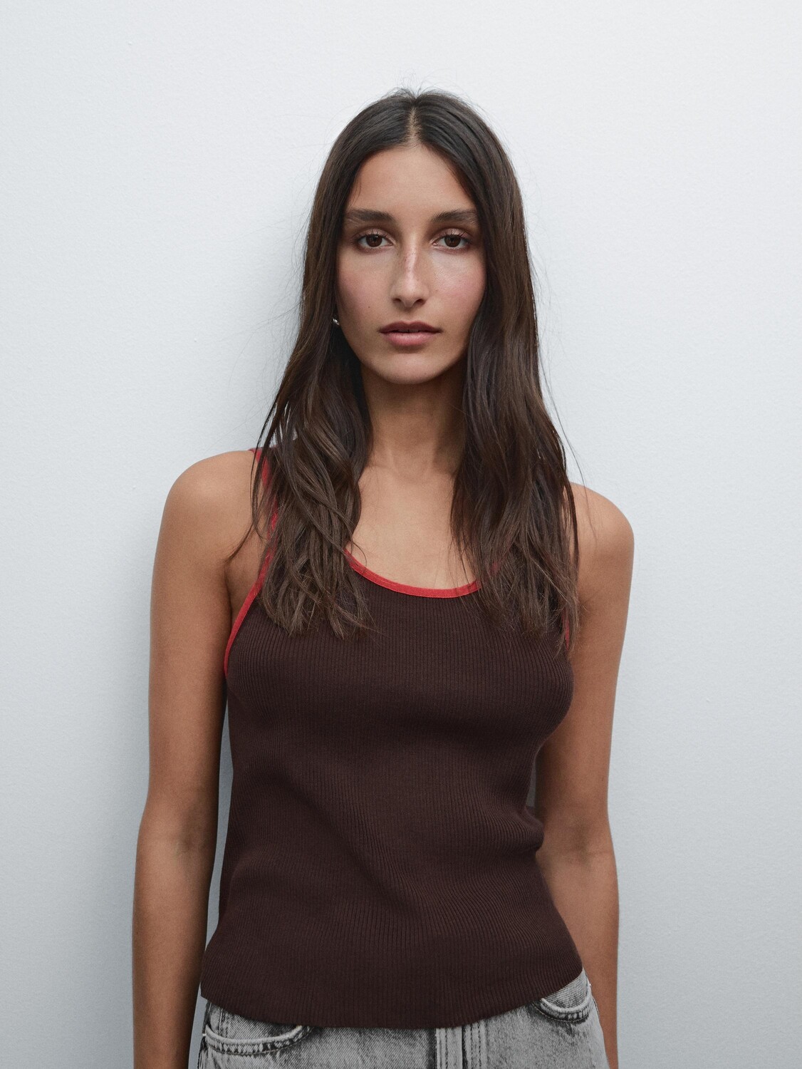 

Вязаный топ с контрастной отделкой Massimo Dutti, коричневый