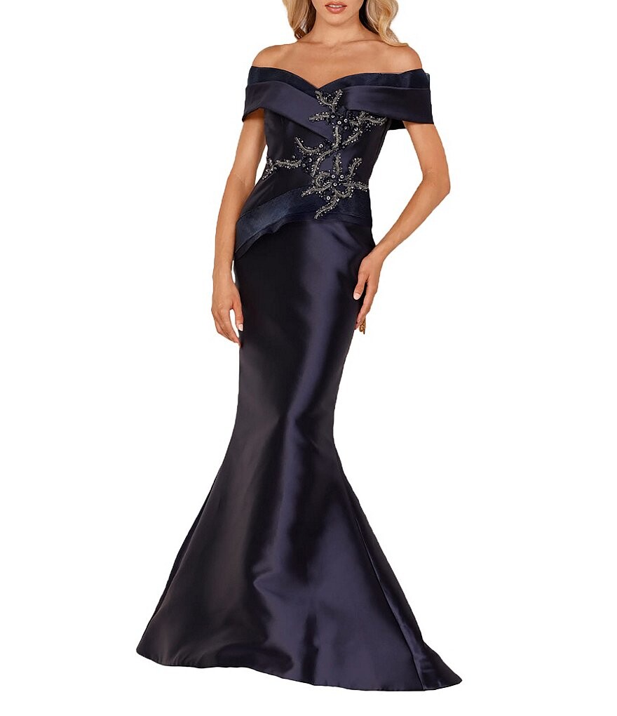 

Платье русалки с открытыми плечами Terani Couture, расшитое бисером, синий