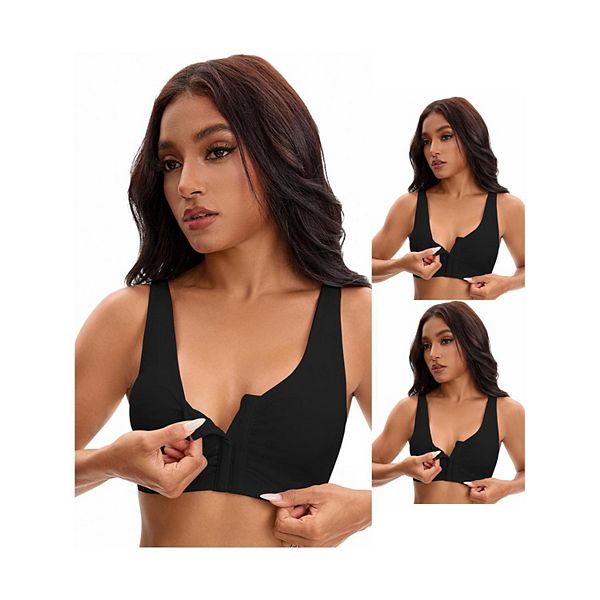 

3 упаковки женских спортивных бюстгальтеров без косточек с передней застежкой и регулируемыми бретелями Inspire Chic, Black